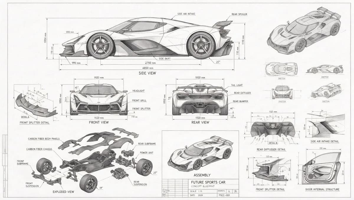 Futuristic Sports Car Blueprint with structured educational layout, readable annotations and clean visual hierarchy