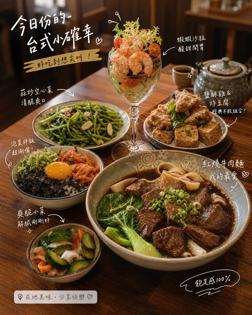A table displays various dishes including shrimp salad, beef noodles, green beans, and pickled vegetables.