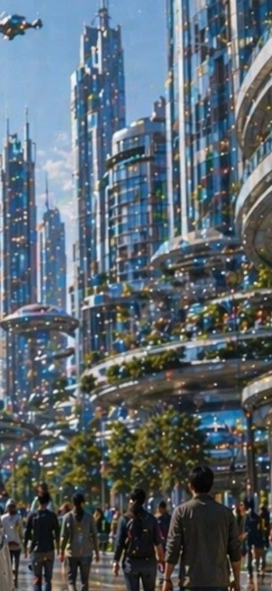 Futuristic utopian boulevard with sleek city architecture, bright civic space, and cinematic sci-fi atmosphere
