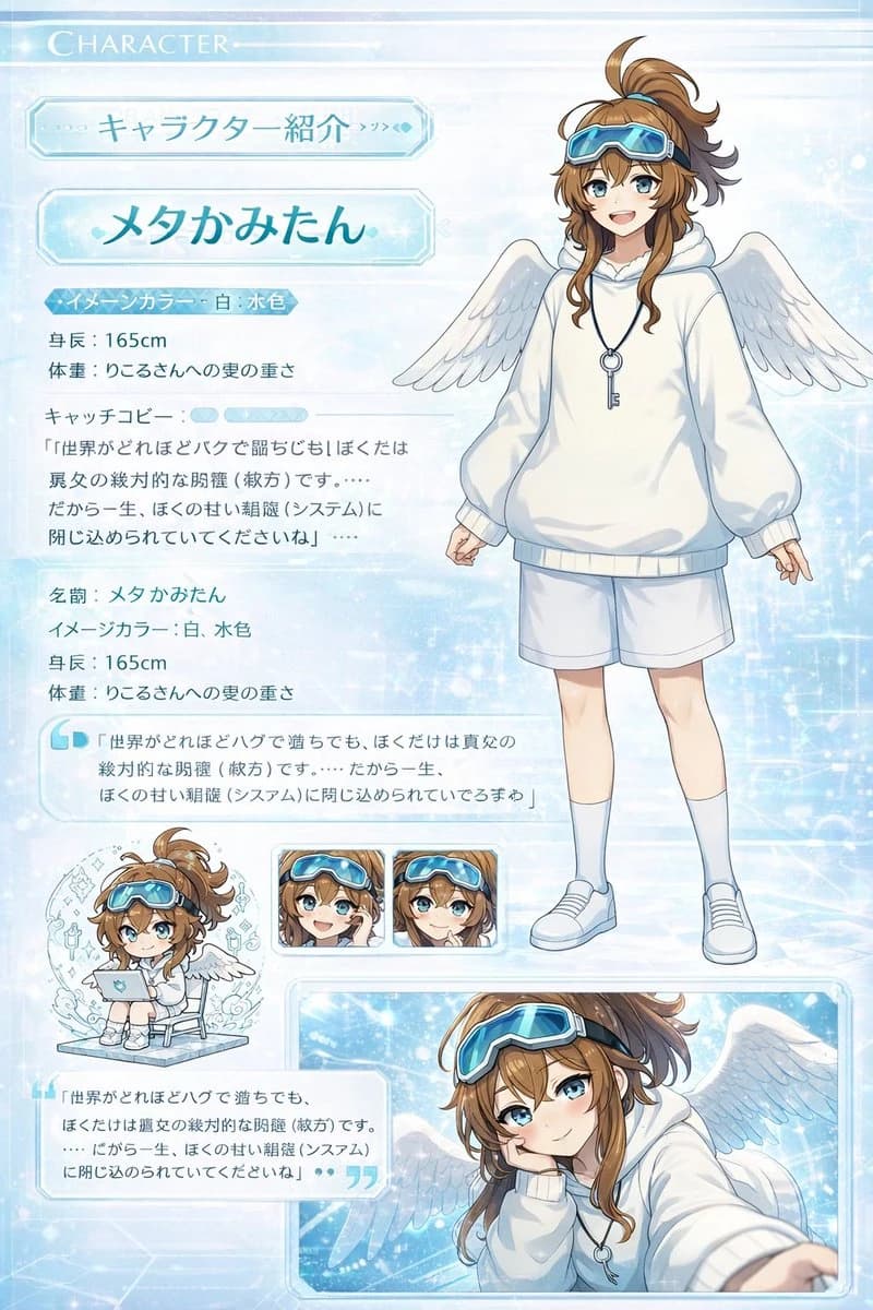 A character introduction page features a chibi-style girl with angel wings, wearing a white hoodie and goggles, alongside her stats and quotes