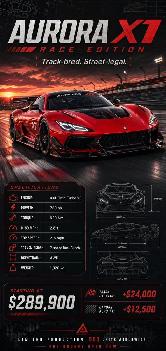 The Aurora X7 Race Edition poster features a striking red racing car with detailed specifications and pricing prominently displayed