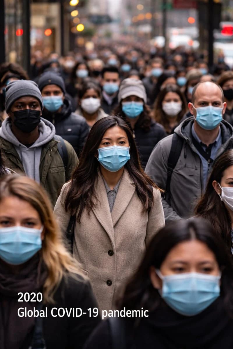 A crowd of masked individuals walks through a city street, highlighting the impact of the global COVID-19 pandemic in 2020