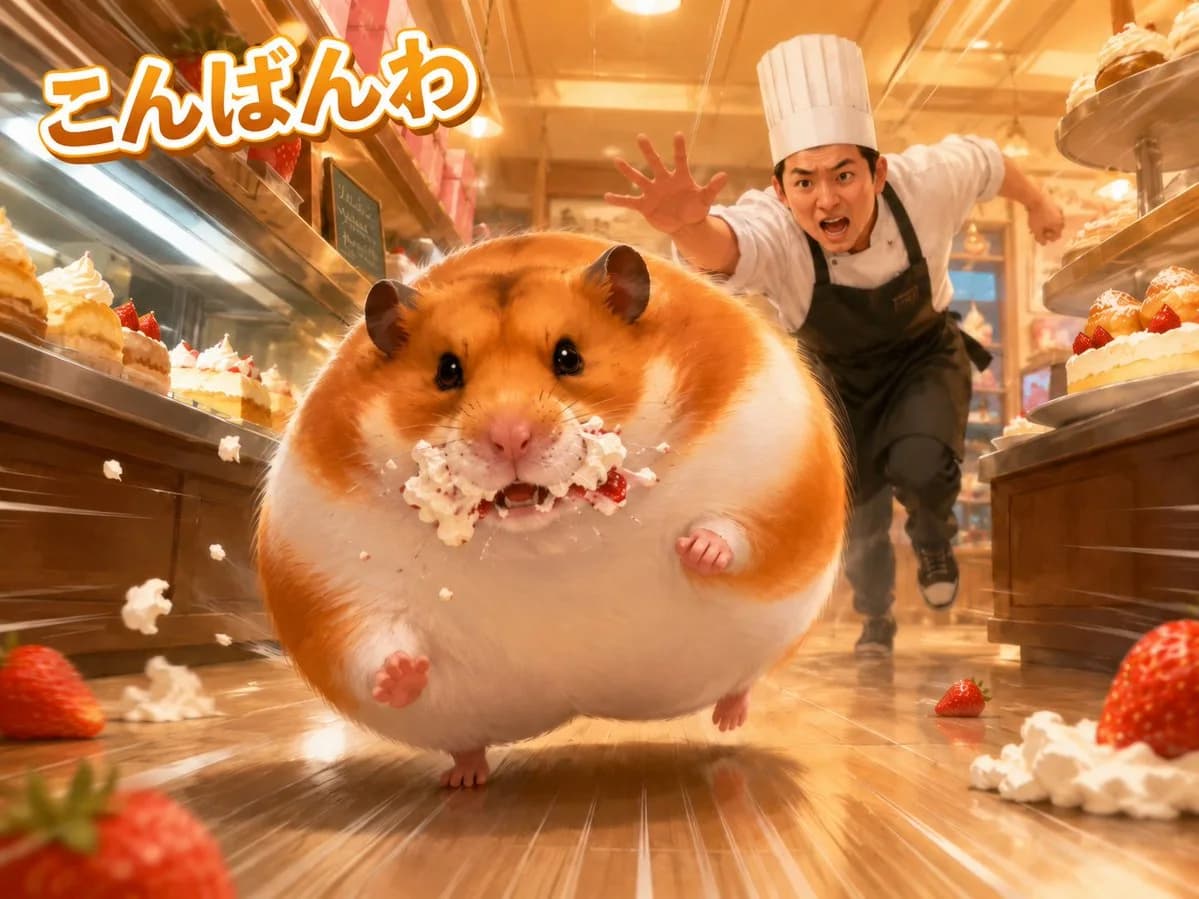 An enormous hamster with cheeks full of cake races toward the viewer, chased by a surprised pastry chef in a bustling bakery.