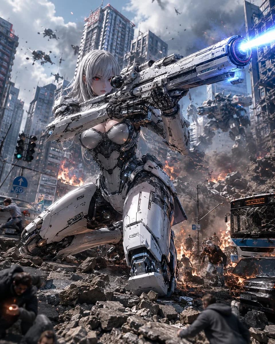 Giant robot intercepting an airborne threat in a dynamic sci-fi battle scene