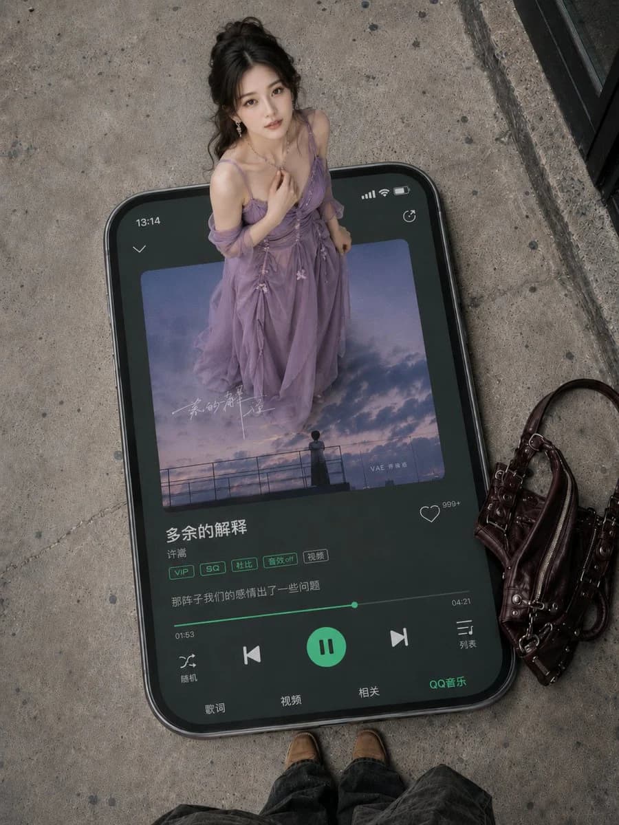 High-angle street photo of a woman standing on a giant smartphone music-player screen