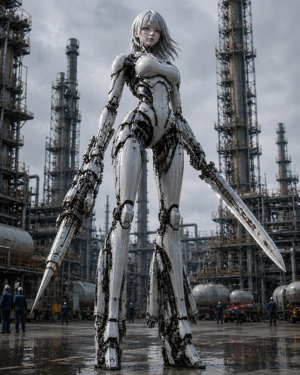 Giant silver weaponized robot standing in an industrial refinery with pipes, towers and overcast light
