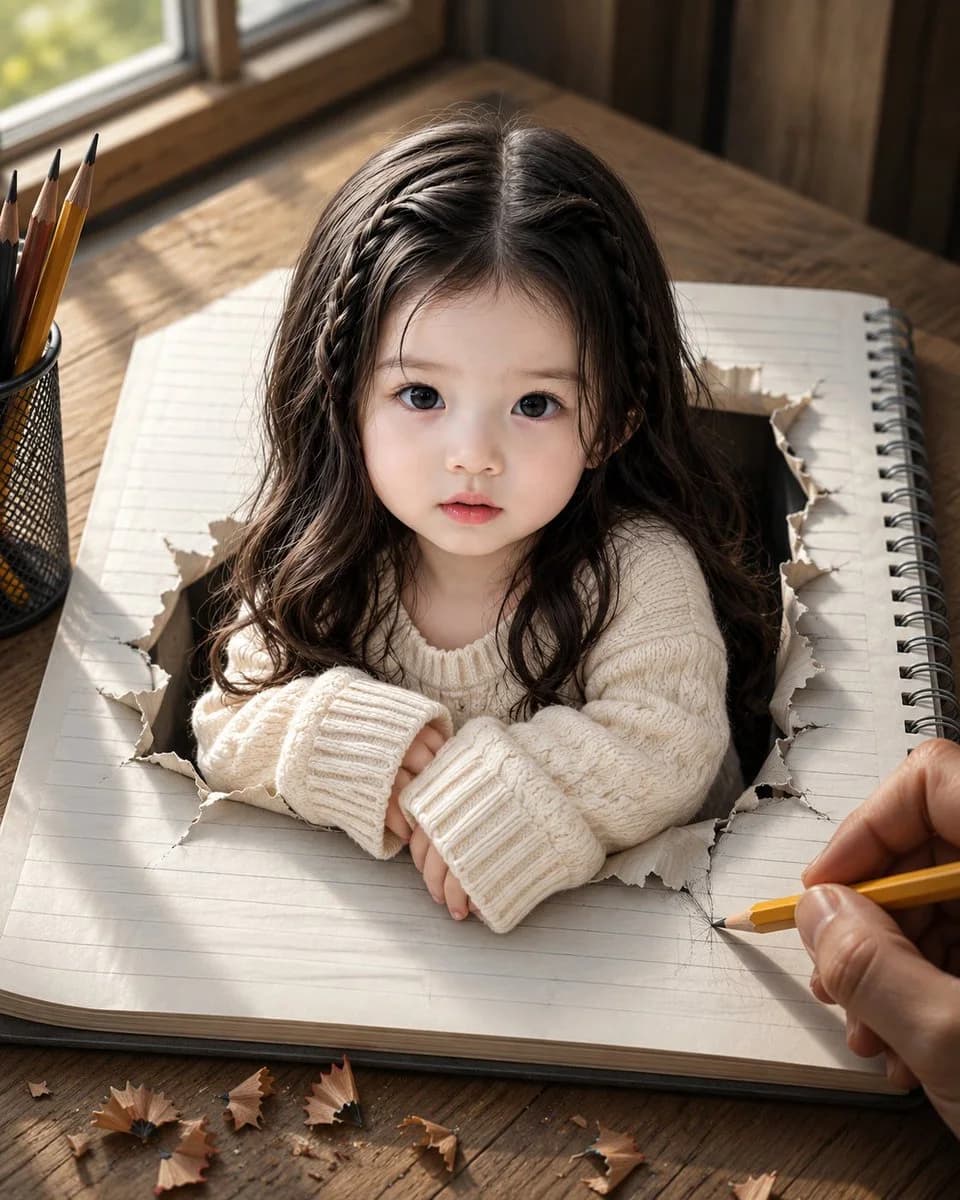 A photorealistic surreal scene of a young girl appearing through a torn notebook page on a sunlit wooden desk