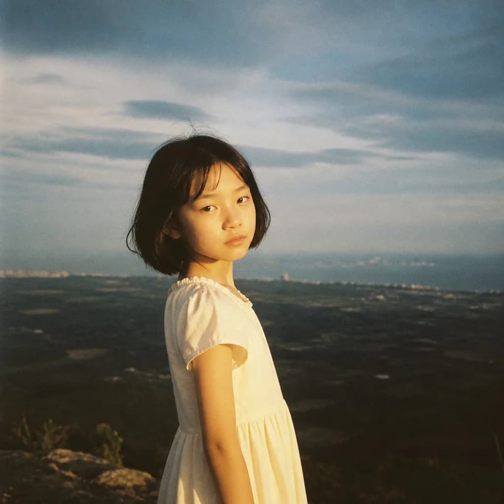 A nostalgic square film-style portrait of a young girl in a white dress standing before a wide coastal landscape at golden hour