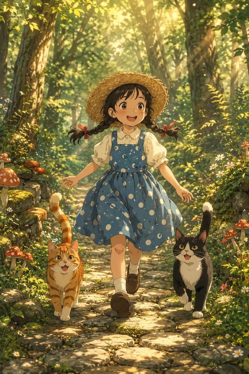 A warm anime forest scene of a young girl running along a cobblestone path through a lush enchanted woodland
