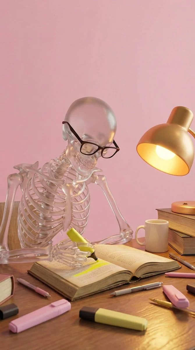 GPT Image 2 prompt example showing a transparent glass skeleton studying at a desk under a warm lamp