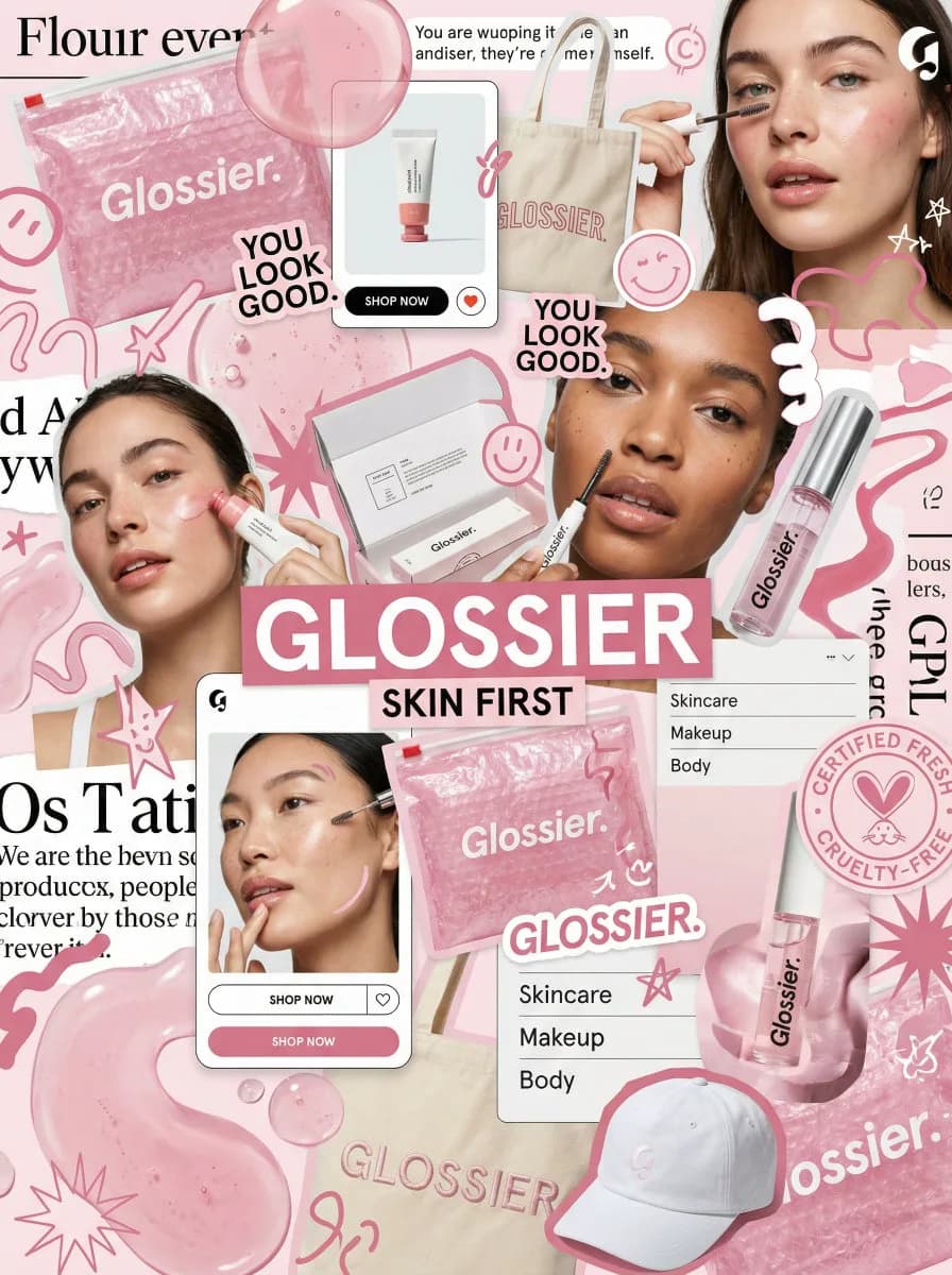Glossier brand world collage with pink skincare packaging, lifestyle cutouts, doodles, merch, and campaign typography