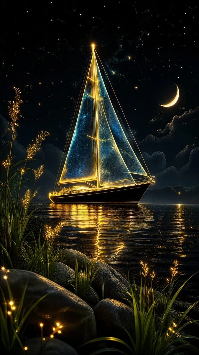 A luminous sailboat with glowing sails floats on dark water, surrounded by twinkling stars and a crescent moon, creating a tranquil night scene