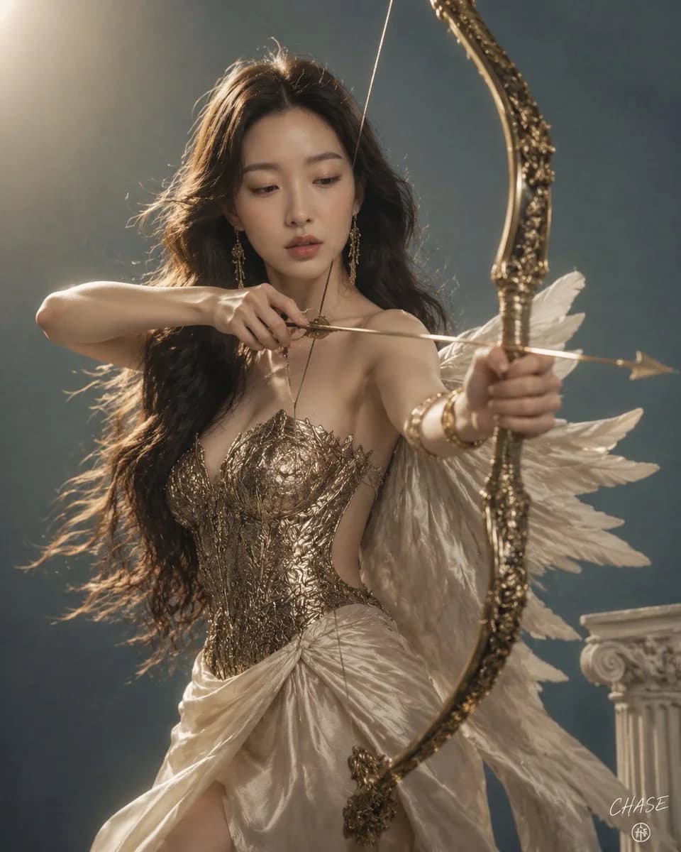 High-fashion mythological archer goddess in gold armor with metallic corset details, soft studio lighting, and a luxury portrait composition