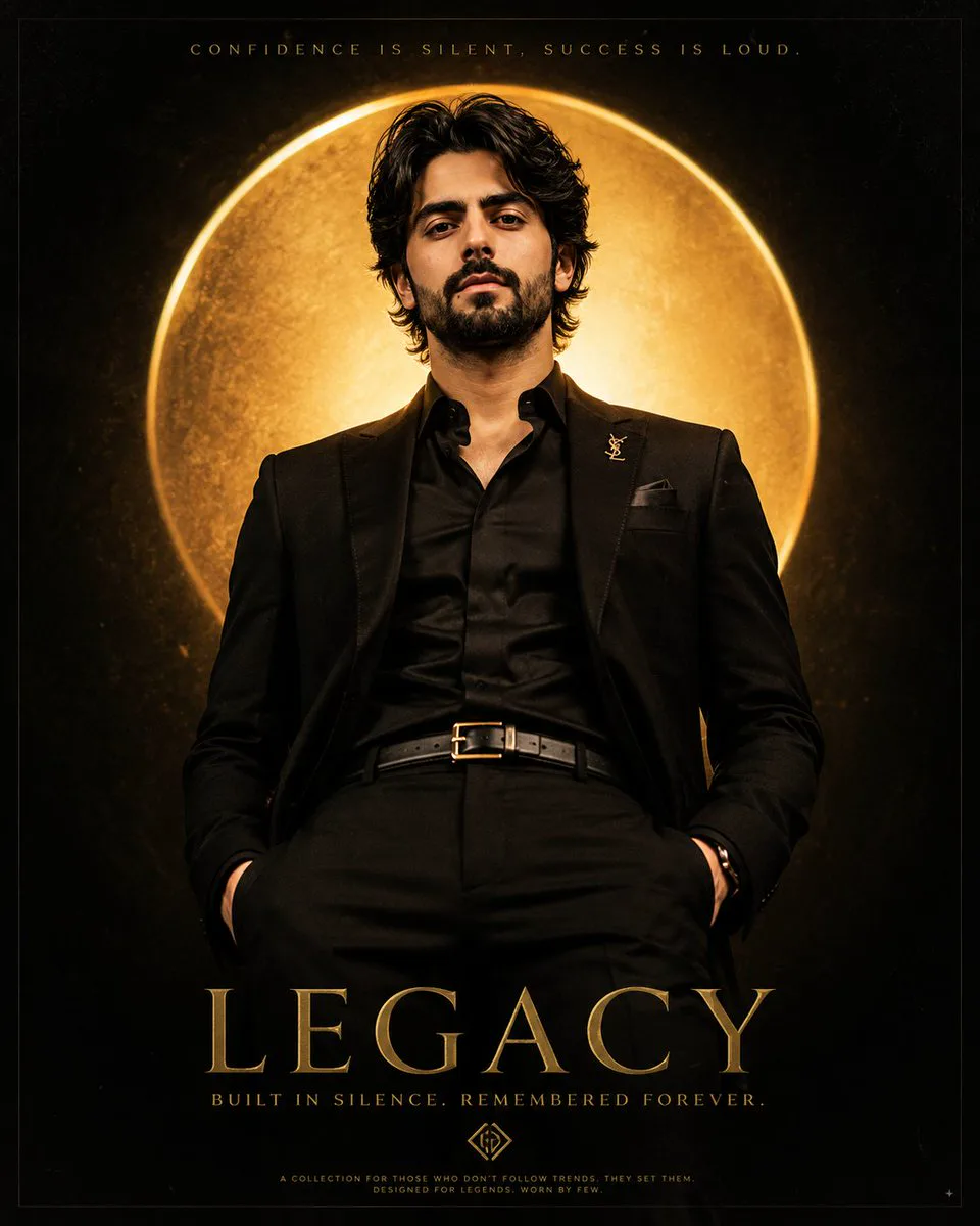 Luxury fashion poster of a man in a black suit standing before a glowing gold halo with LEGACY typography