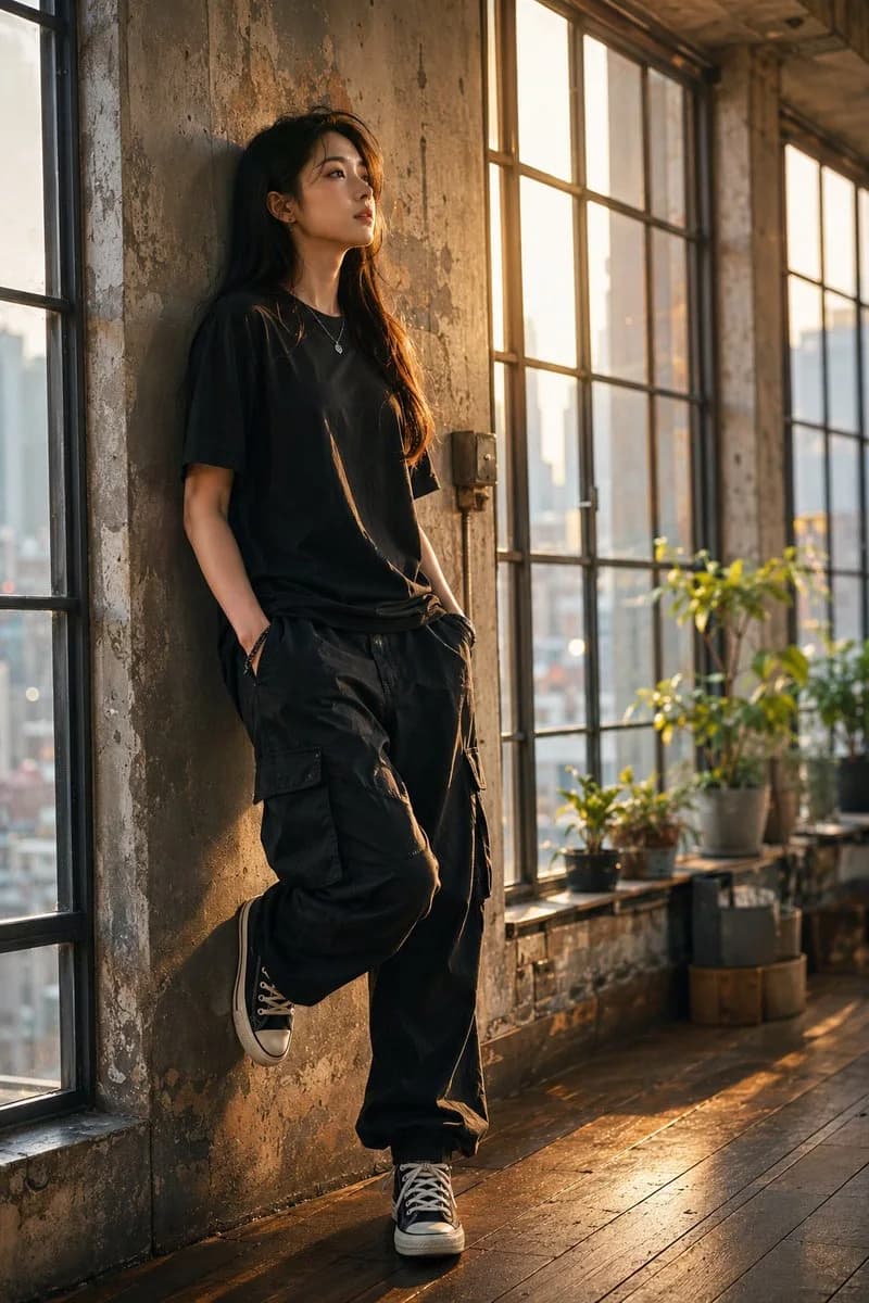 A young woman in an oversized black outfit leans against a weathered wall in an industrial loft, gazing thoughtfully out of glowing windows.