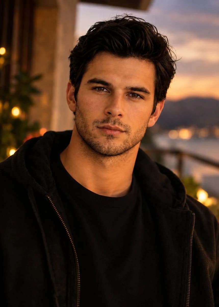 Golden-hour seaside portrait with ocean light, relaxed fashion styling, and soft cinematic background blur