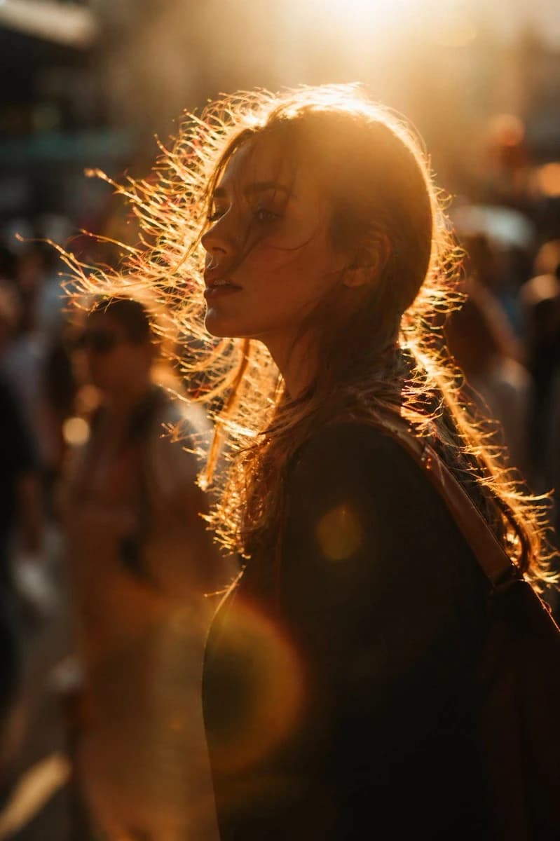 A young woman in side profile walks through a busy city street at golden hour, her hair illuminated by warm sunlight, creating a halo effect