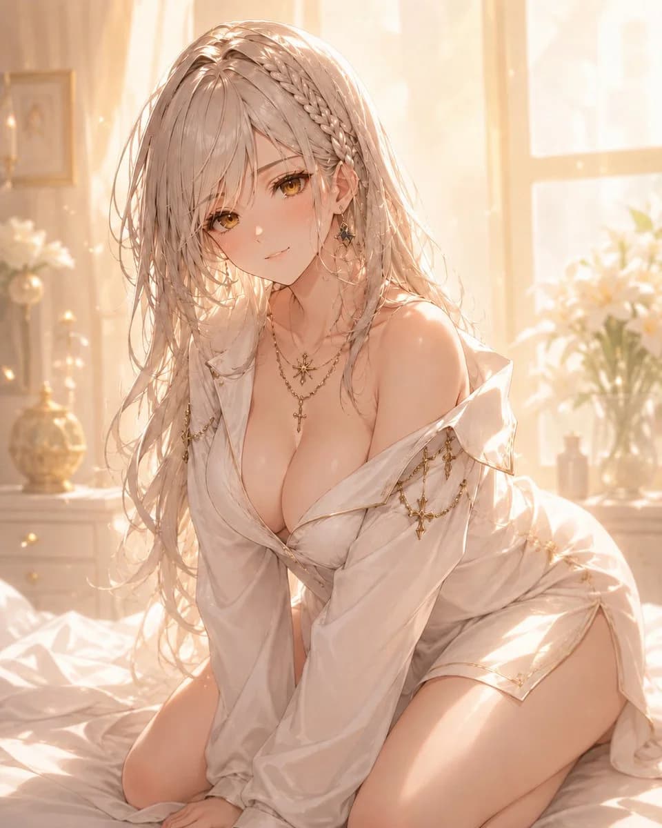 A dreamy anime-style sunrise bedroom portrait of an elegant silver-haired original character for character art or social media posts
