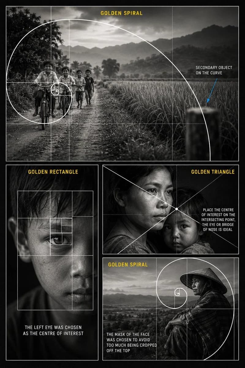 Educational photography composition poster explaining golden ratio techniques with a dark cinematic collage