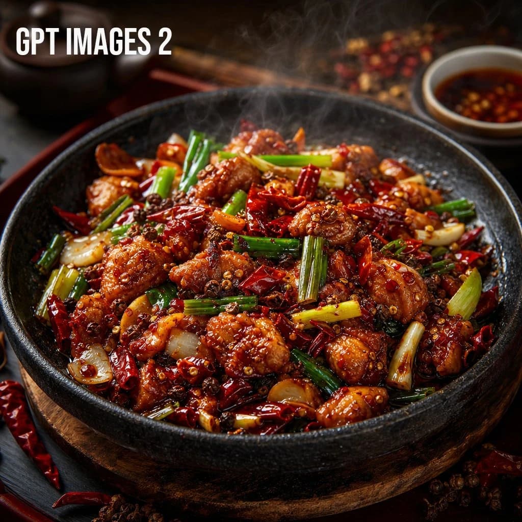 A dark stone bowl filled with spicy Szechuan chicken, garnished with green scallions and dried red chilies, emits steam against a warm, moody backdrop