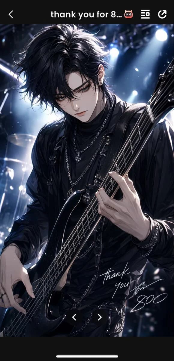 Vertical gothic anime bassist story screen with moody concert lighting, dark styling, and smartphone-scene composition.