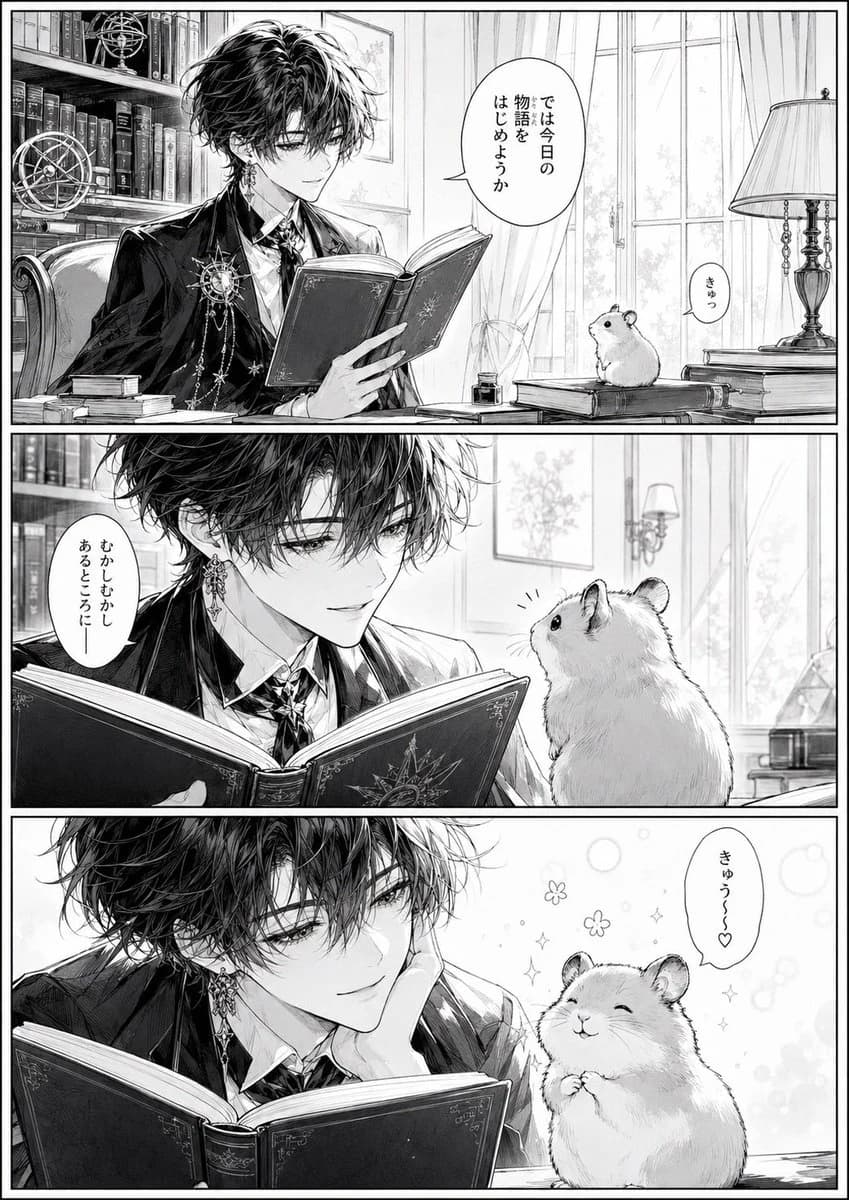Gothic Bishounen Reads to Hamster storyboard visual