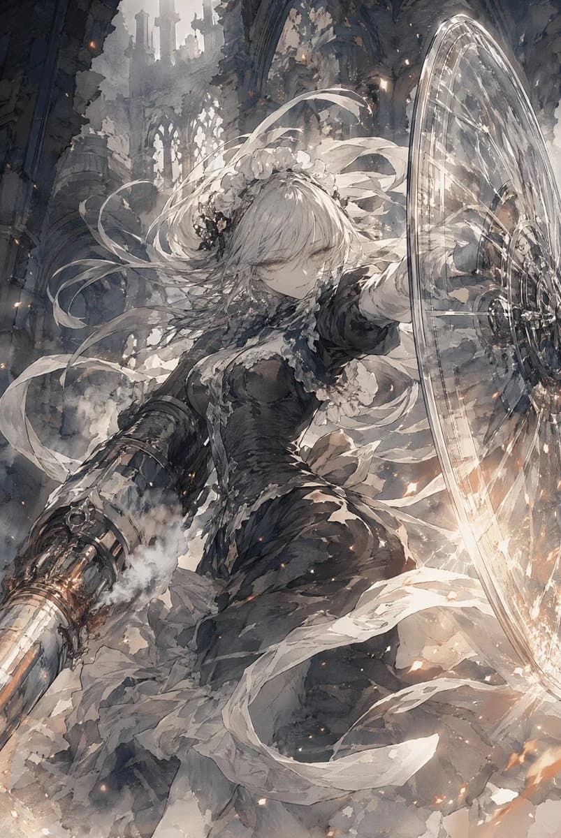 Gothic cathedral battle maiden poster with armored heroine, stained-glass atmosphere, and dramatic fantasy action