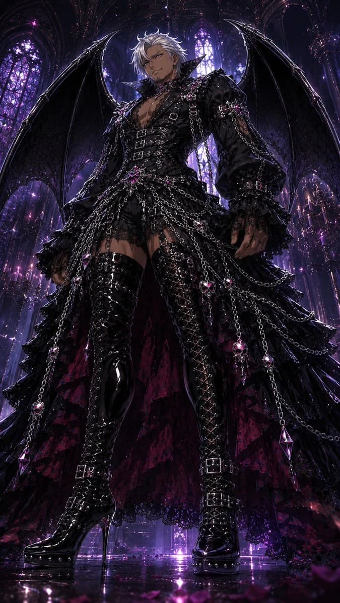 Gothic demon lord couture character with dark luxury fashion, ornate details, and dramatic fantasy portrait lighting.