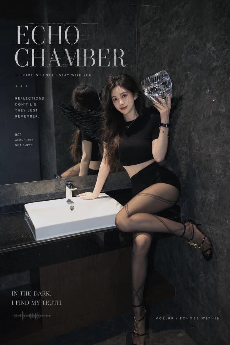 Gothic fashion magazine cover with a seated model, dark marble bathroom, mask prop and Echo Chamber text