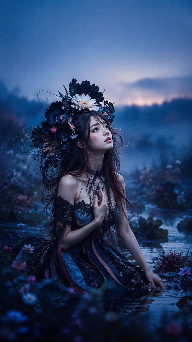 A gothic fairy portrait of an East Asian woman kneeling in a twilight pond, surrounded by mist, dark flowers, and fantasy light