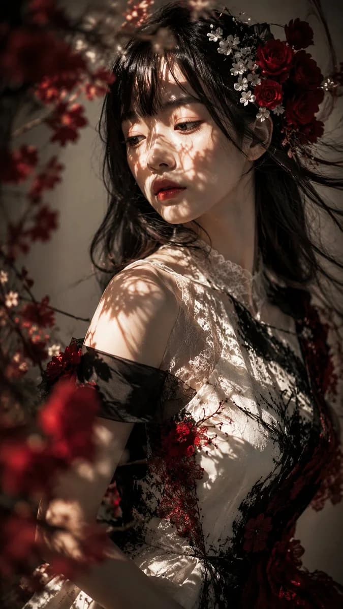 A young woman with long black hair and red-white flowers gazes down in a moody garden, wearing an elegant ivory lace dress.
