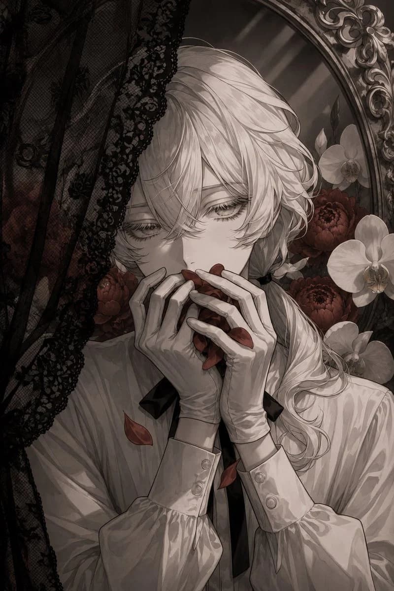 Silver-haired gothic anime portrait behind black lace with red petals, orchids, and dark romantic lighting