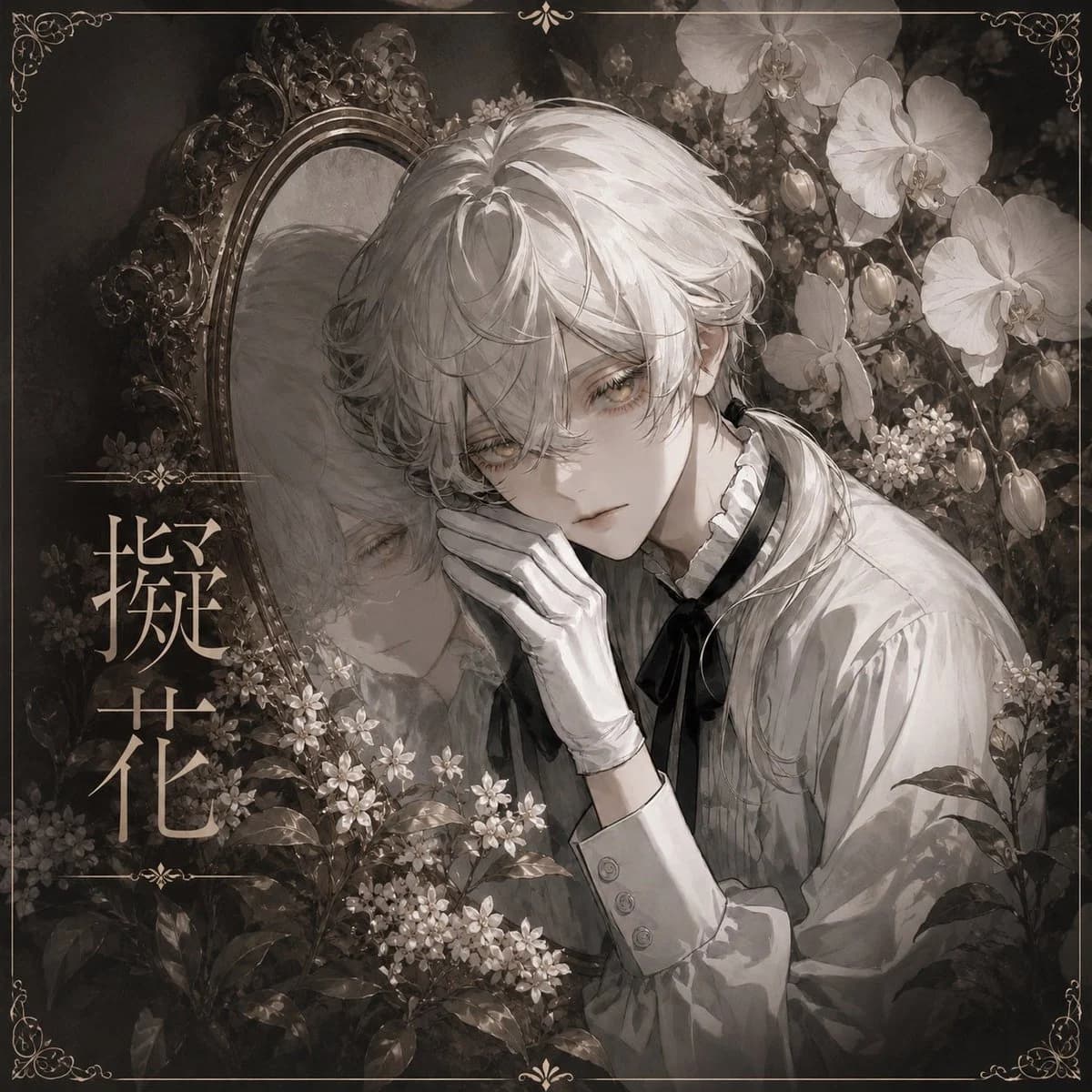 Gothic anime cover with mirror, flowers, ornate linework, and a melancholic dark-romance composition