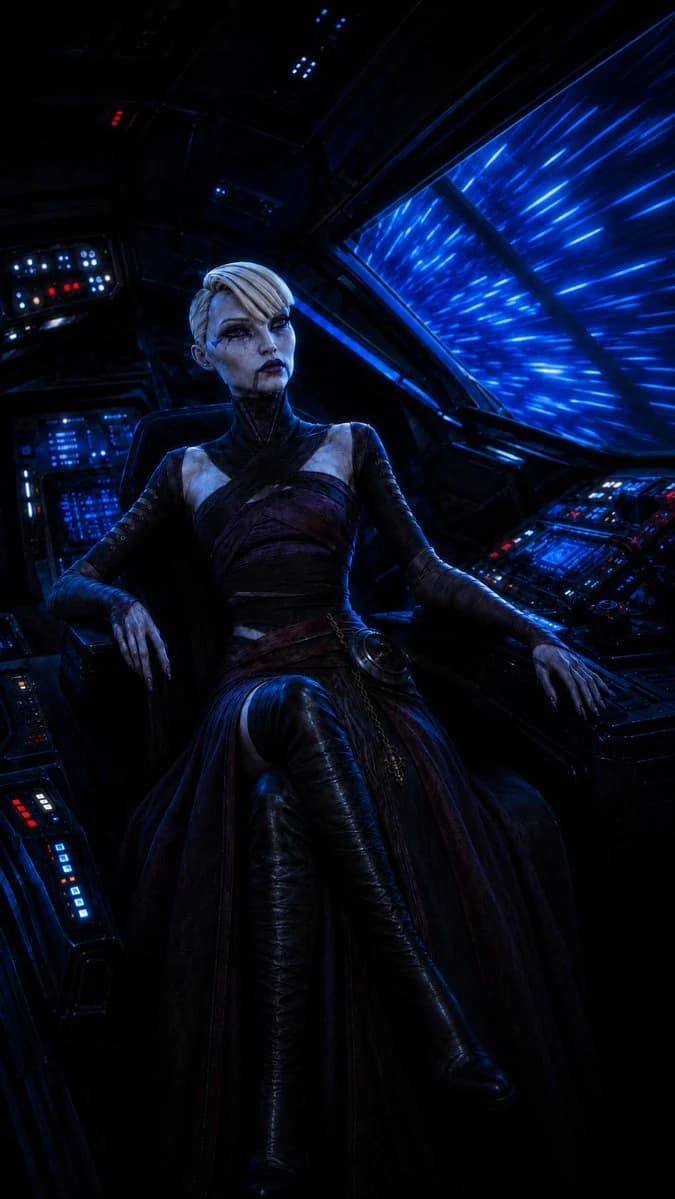 Gothic Starship Commander with sequential storytelling, expressive character design and cinematic panel composition