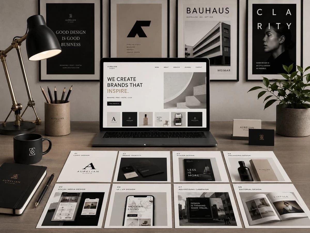 A modern laptop displays a graphic design portfolio amidst neatly arranged project cards, printed posters, and stylish stationery in a chic studio workspace