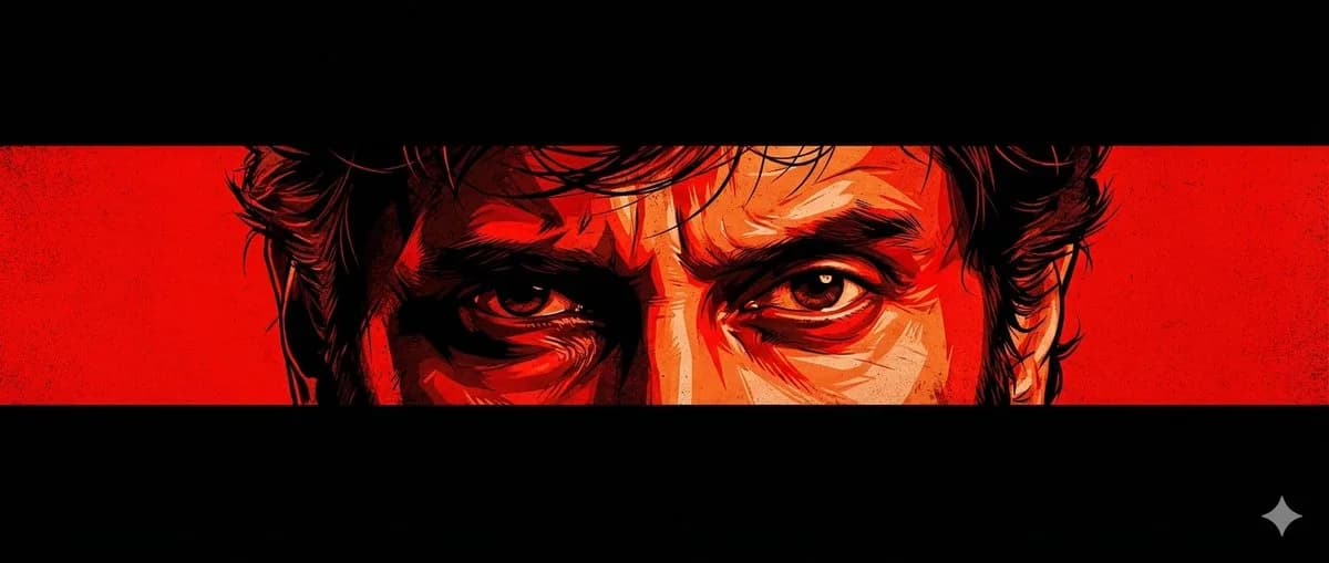 Graphic-novel banner shows a man's intense eyes in a narrow red and black strip surrounded by deep black space