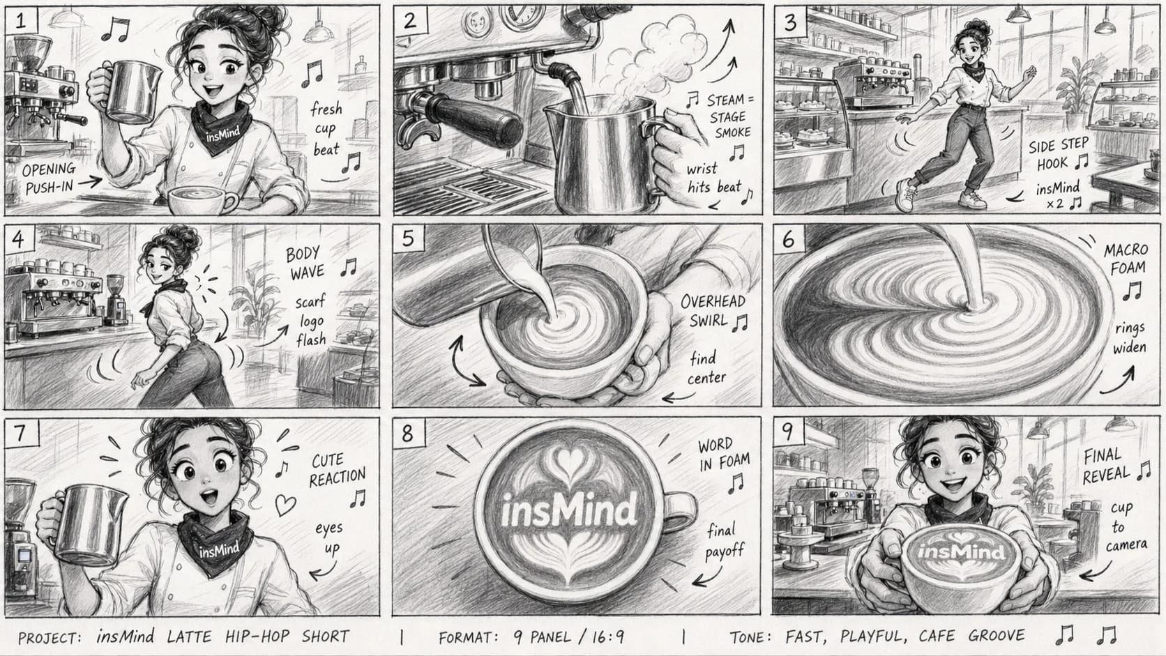 GPT Image 2 prompt example showing a graphite pencil storyboard grid for a coffee shop commercial