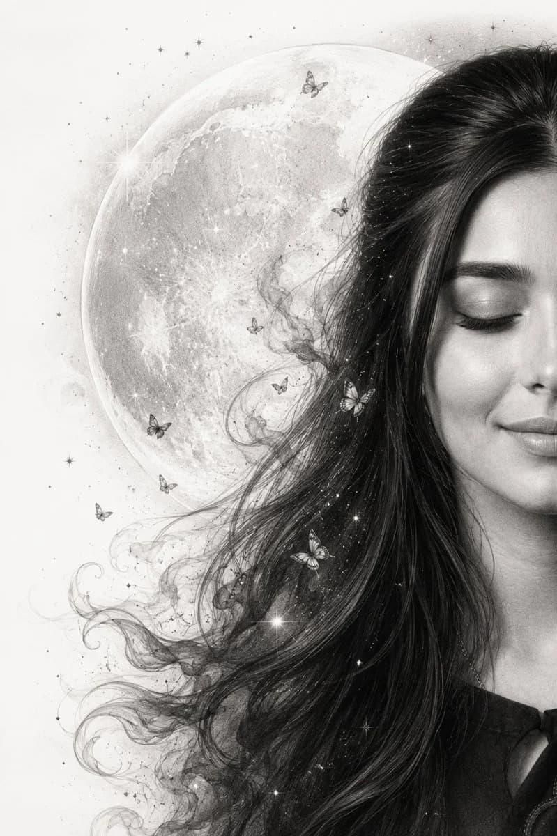 A monochrome graphite pencil portrait with a celestial half-face composition, fine shading, stars, and clean white space