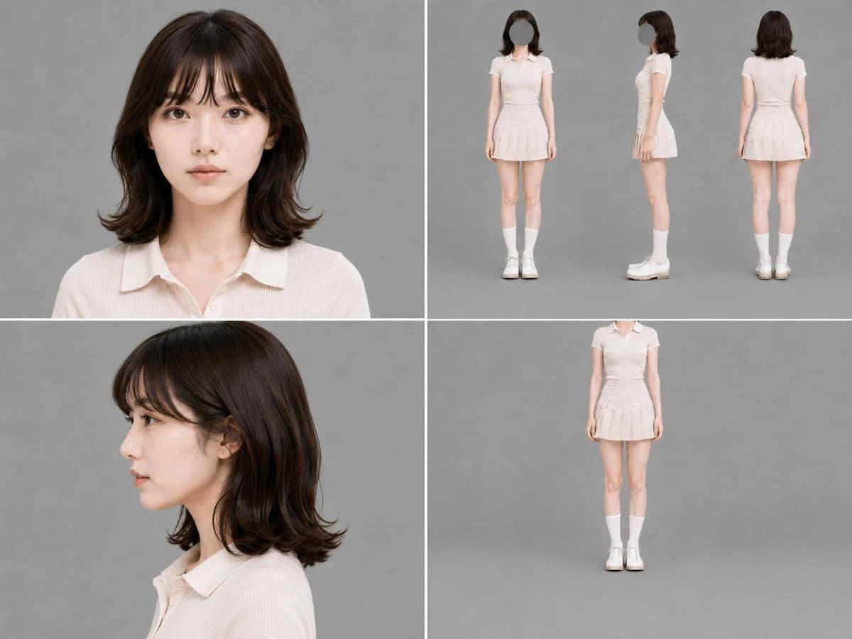 Gray studio character reference sheet with consistent AI generation poses, shot distances, and clean production layout.