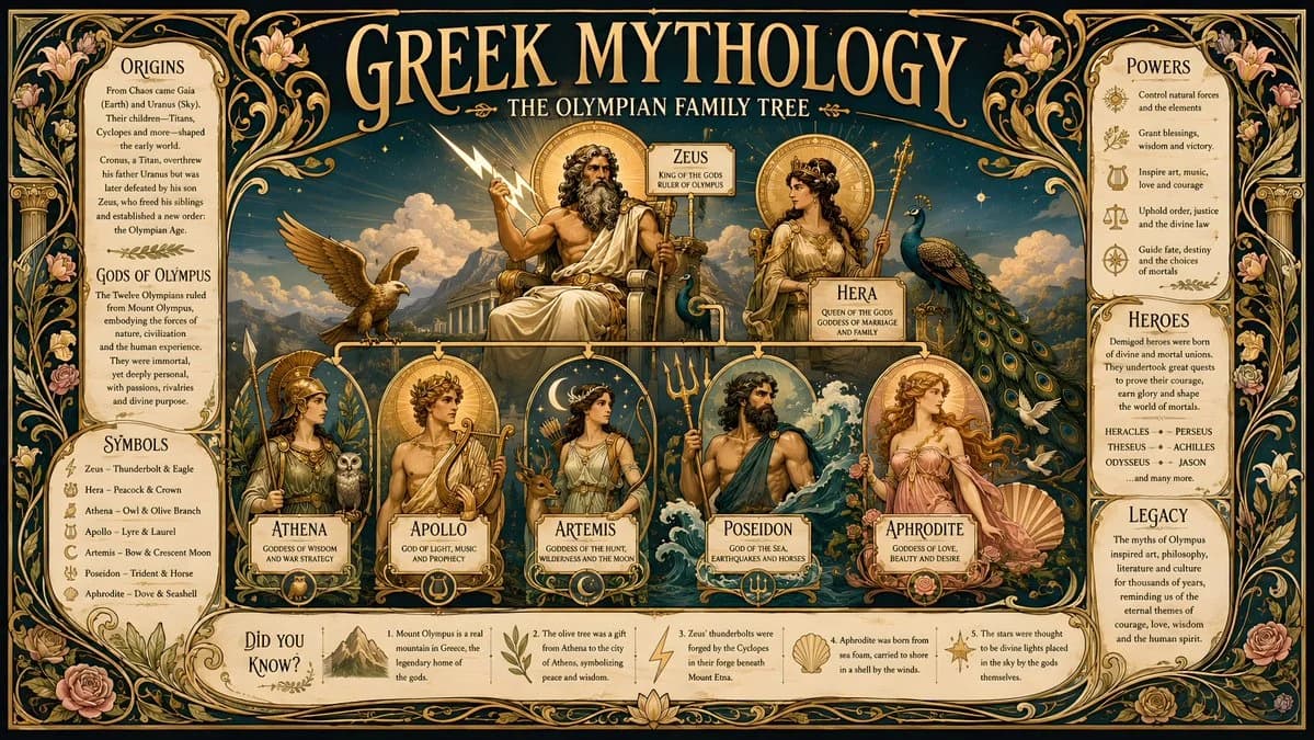 Greek mythology Olympian family tree infographic with classical figures, labeled connections and editorial poster structure