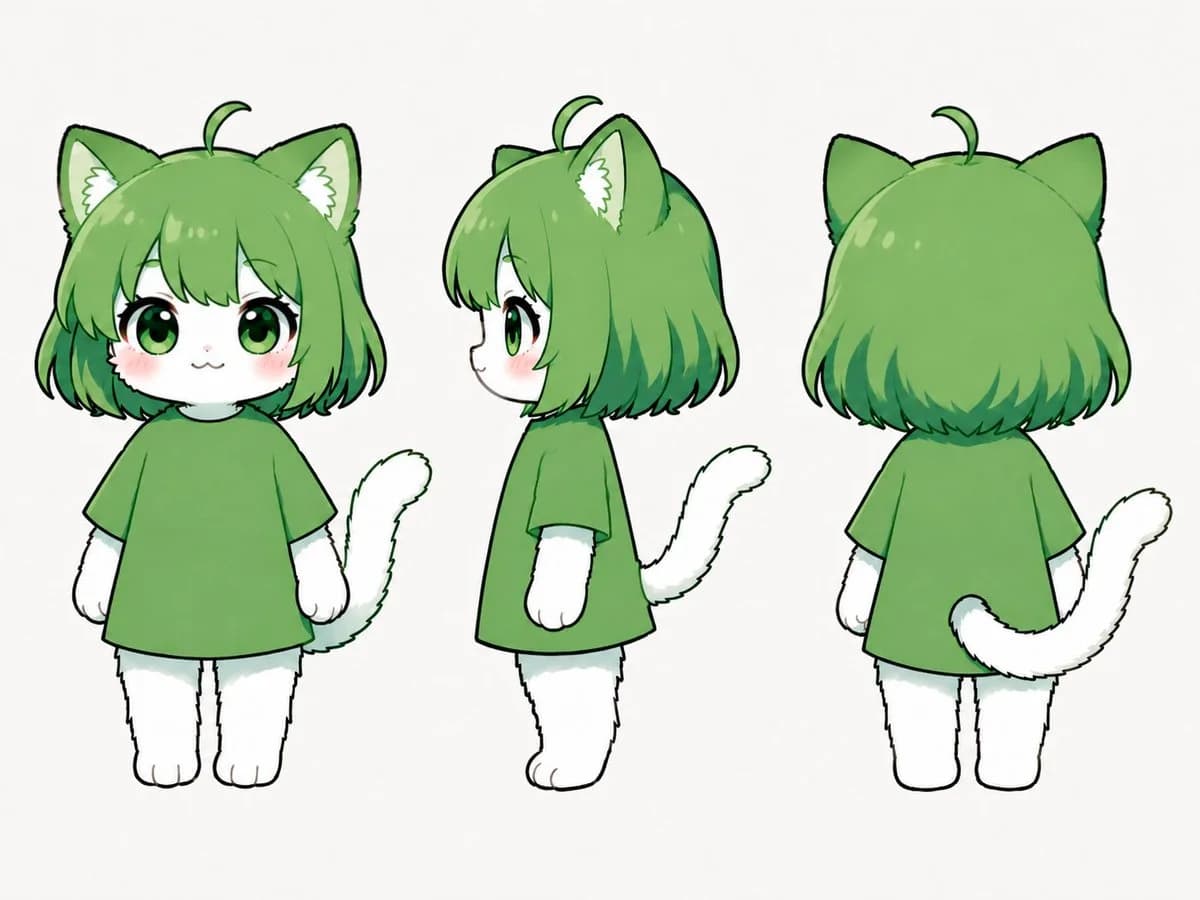 Three full-body views of a green chibi cat-girl character, showcasing front, side, and back profiles with a simple standing pose.