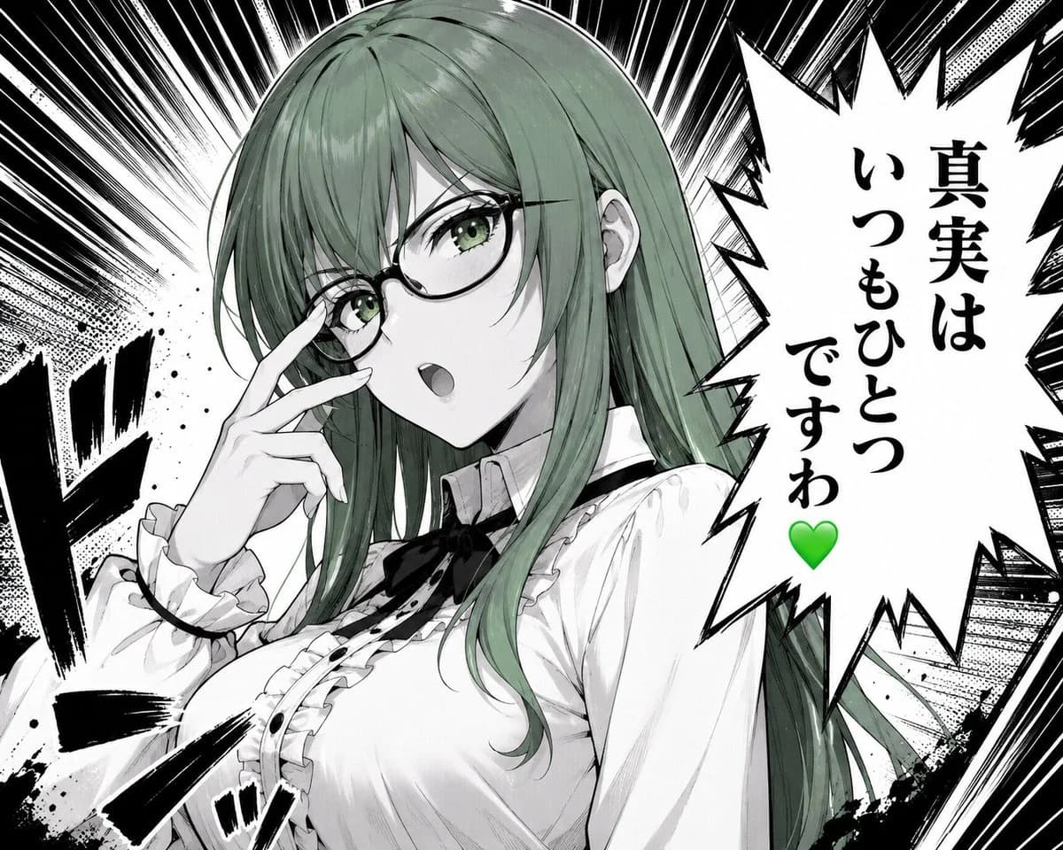 Monochrome manga close-up of a green-haired woman with glasses and a jagged speech bubble