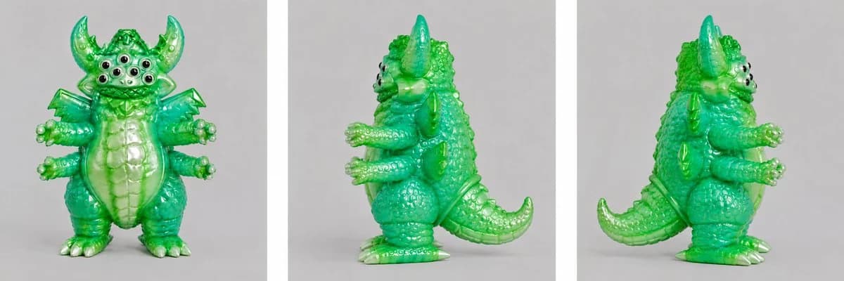 Glossy translucent green vinyl monster toy turnaround rendered as a collectible product figure