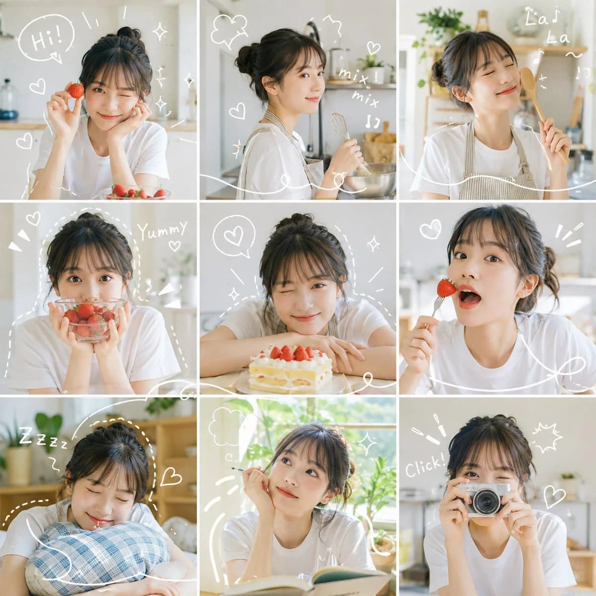 A vibrant 9-grid photo collage captures a person in various joyful moments, enhanced with playful hand-drawn decorations and bright colors.