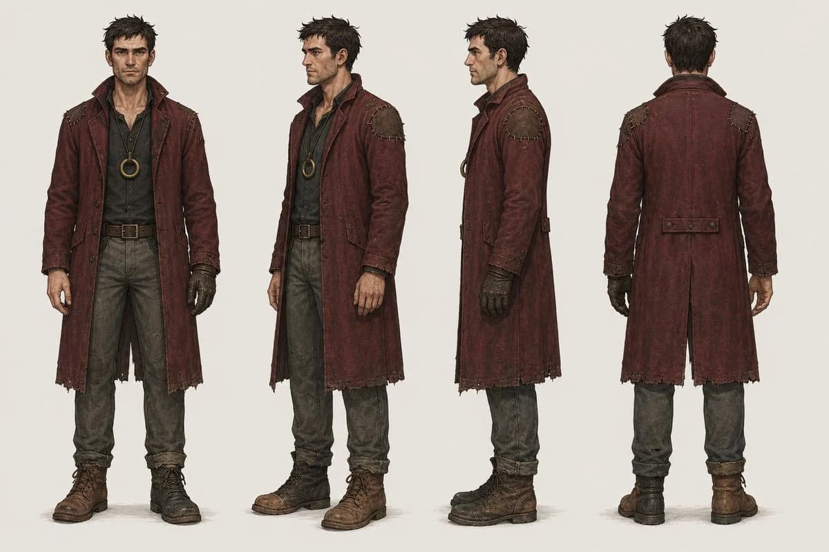 Gritty bounty hunter turnaround sheet with front and side views, costume details, and cinematic concept-art styling