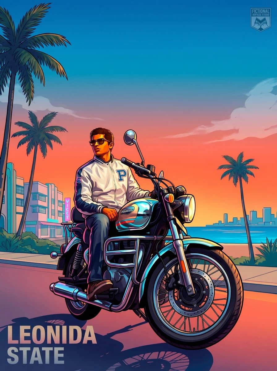 GTA VI Motorcycle Character Poster with game-ready character styling, dynamic scene detail and polished concept art presentation