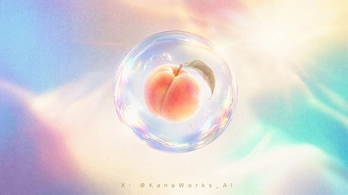 A minimalist art poster using a halftone dot technique, featuring a glass sphere containing a suspended peach set against a soft rainbow gradient background