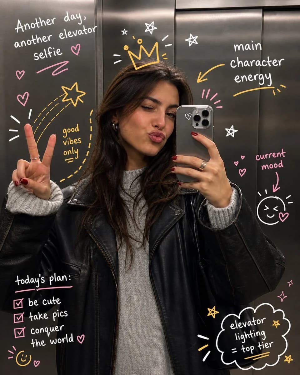 Hand-drawn doodle art overlay on a lifestyle photo with playful white line illustrations and social media composition