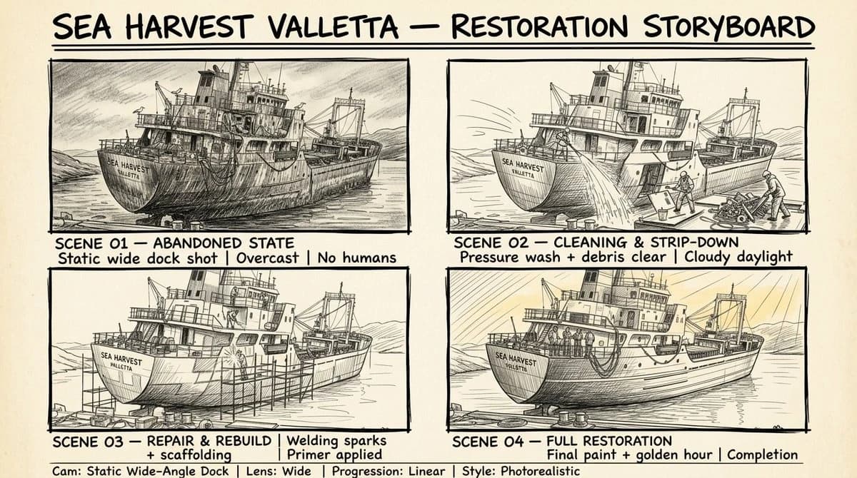 Hand-drawn storyboard sheet featuring four panels illustrating the restoration of a cargo ship, with detailed sketches and handwritten scene descriptions