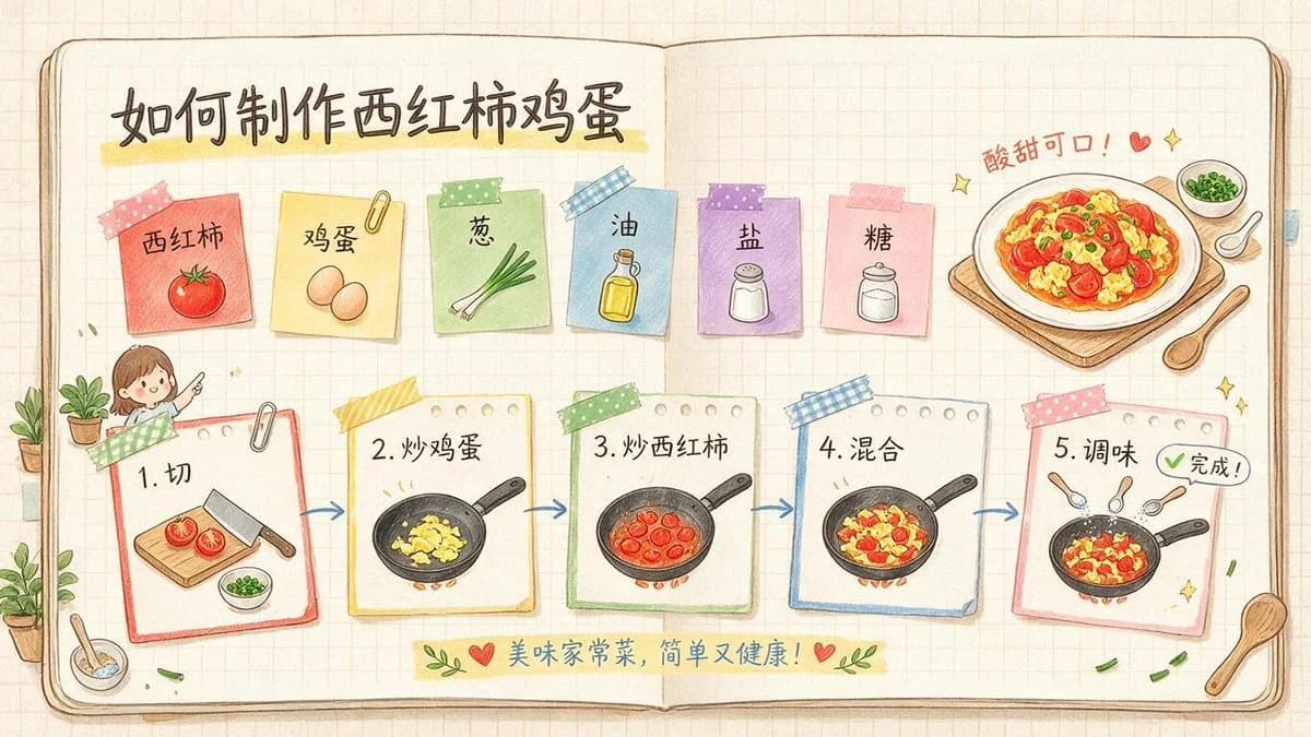 Hand-drawn infographic showing a tomato and egg recipe with illustrated cooking steps